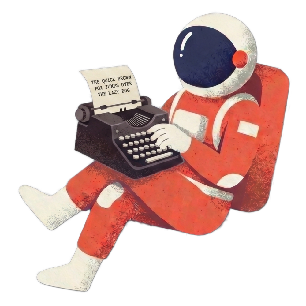 Mina the astronaut typing a story on a typewriter